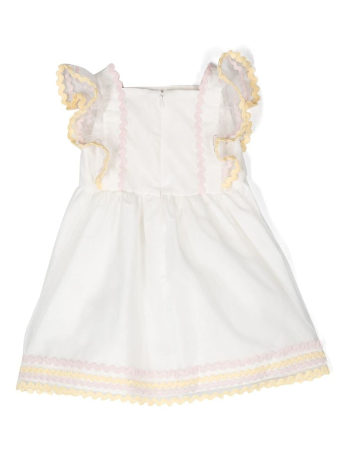 Ruffled Dress With Zig-Zag Detail White And Yellow Cotton Baby Polyester