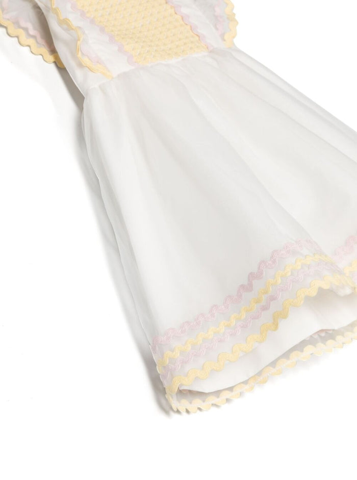 Ruffled Dress With Zig-Zag Detail White And Yellow Cotton Baby Polyester