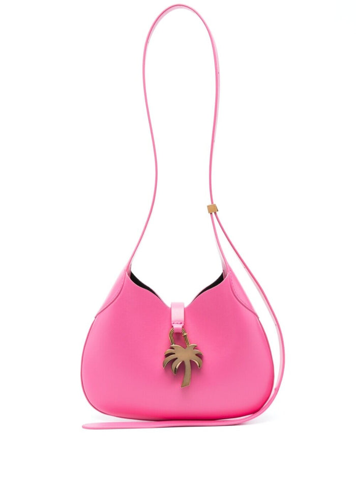 Pink Hobo Bag With Plam Tree Plaque Detail Leather Woman Fuxia Crossbody