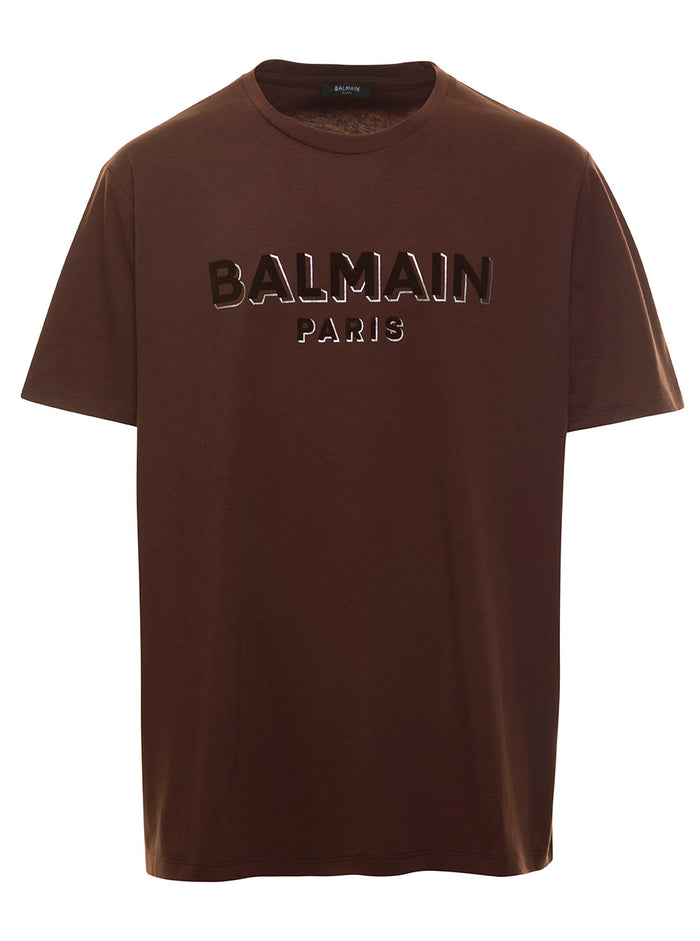 Brown Crewneck T-Shirt With Front Logo Print Cotton Man Tshirts And Polo Shirts