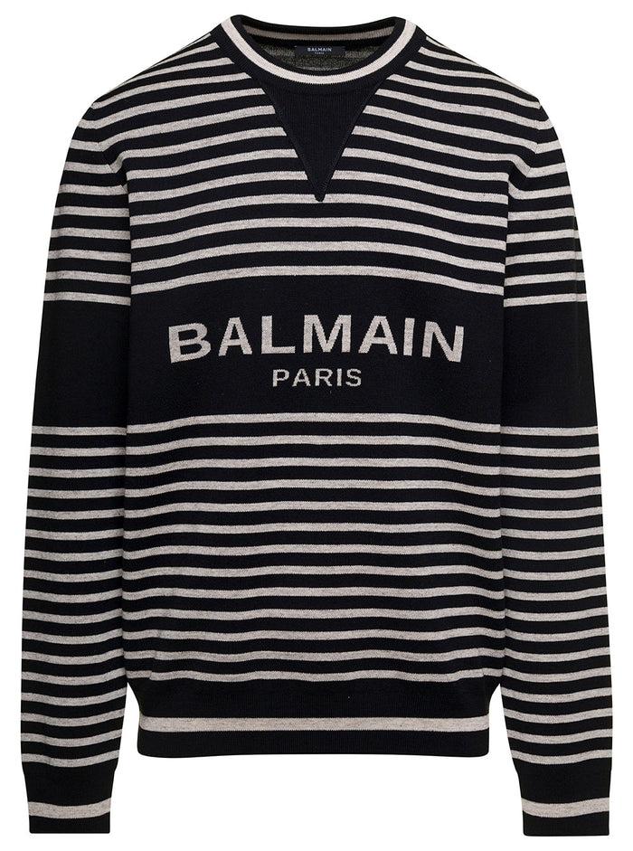 White And Black Striped Crewneck Sweatshirt With Front Logo Print Wool Linen Blend Man Polyamide Jersey