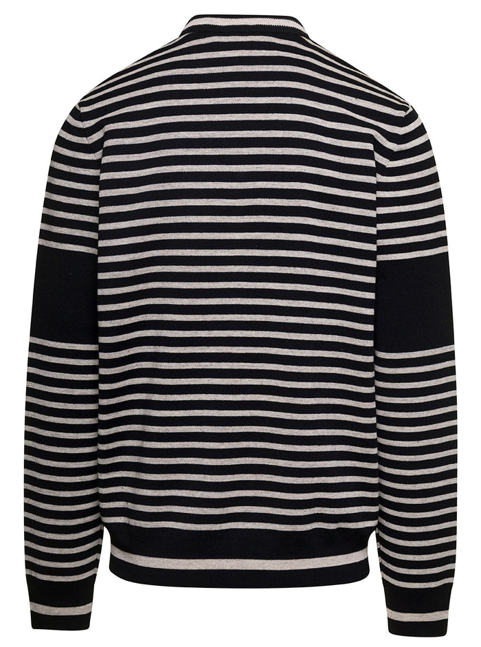 White And Black Striped Crewneck Sweatshirt With Front Logo Print Wool Linen Blend Man Polyamide Jersey