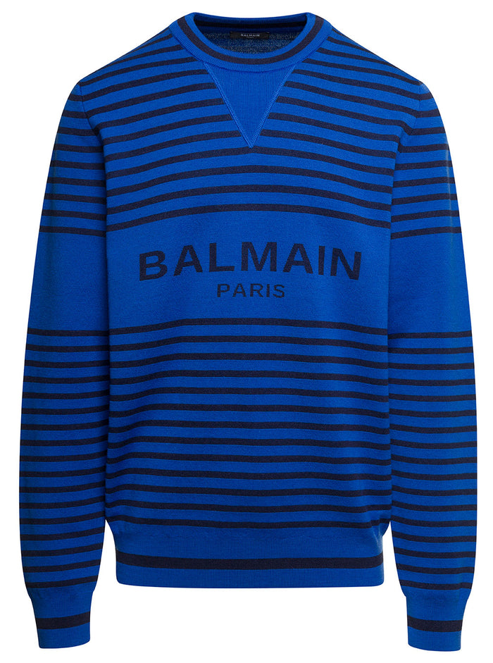 Blue And Black Striped Crewneck Sweatshirt With Front Logo Print Wool Linen Blend Man Blu Polyamide Jersey