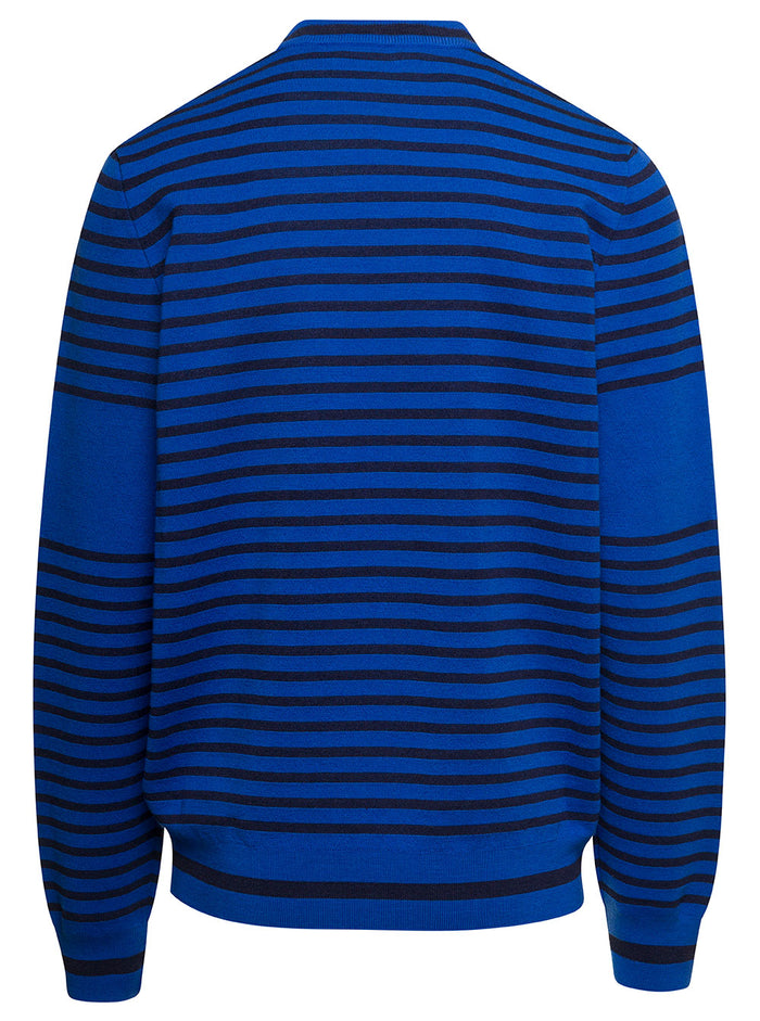Blue And Black Striped Crewneck Sweatshirt With Front Logo Print Wool Linen Blend Man Blu Polyamide Jersey