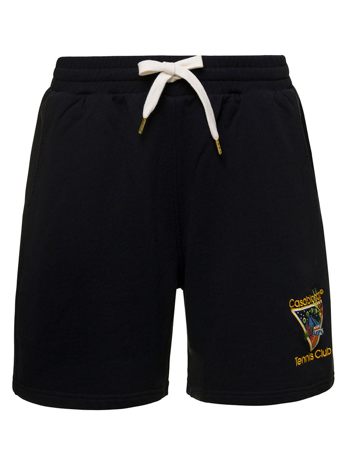 Black Sweat Shorts With Tennis Club Icon Logo Embroidery Cotton Man Organic And Bermuda