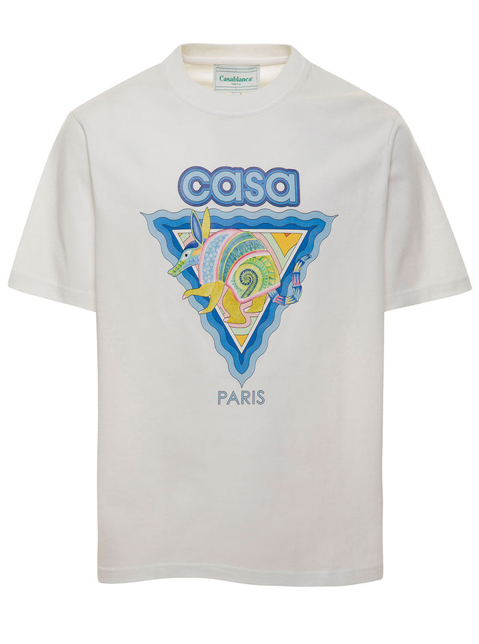 White Crewneck T-Shirt With Armadillo Print Cotton Man Organic Tshirts And Polo Shirts