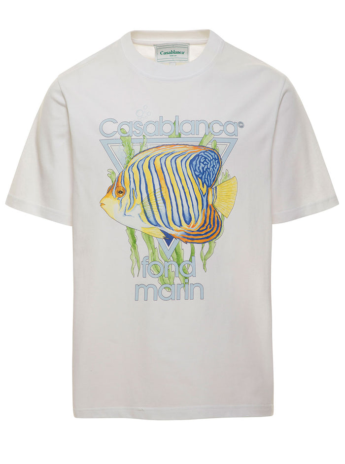 White Crewneck T-Shirt With Fond Marin Print Cotton Man Organic Tshirts And Polo Shirts