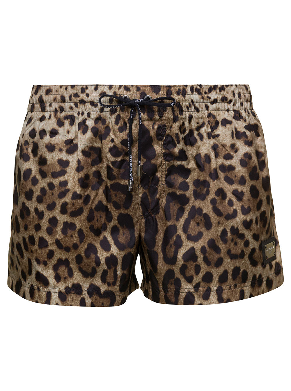 Brown Trunks With Drawstring And Leopard Print Polyester Man Beachwear