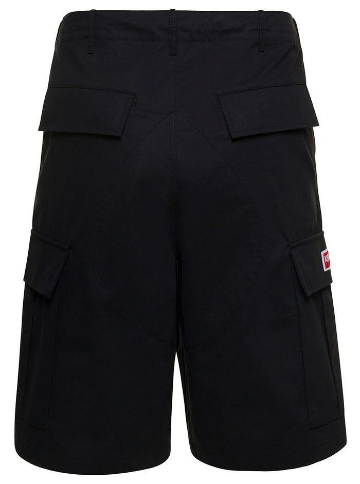 Black Cargo Shorts With Logo Patch Cotton Man And Bermuda