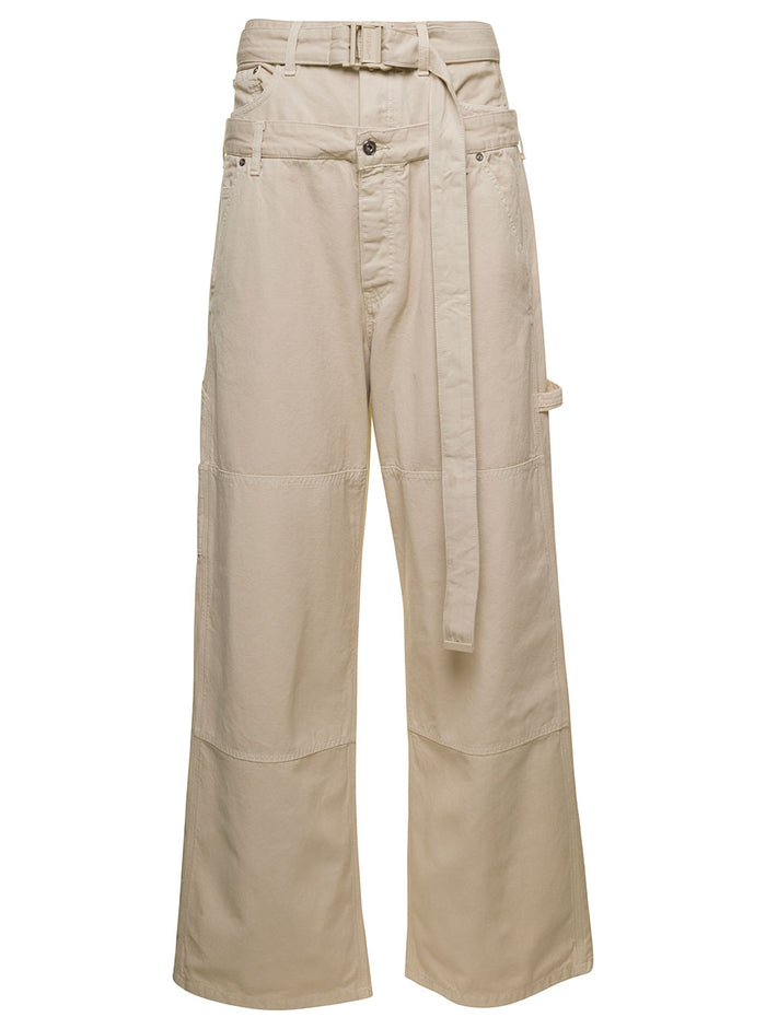 Belted Wide-Leg Trousers Beige Cotton Man