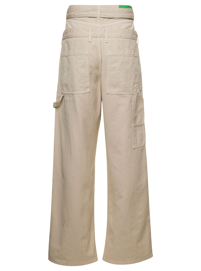 Belted Wide-Leg Trousers Beige Cotton Man