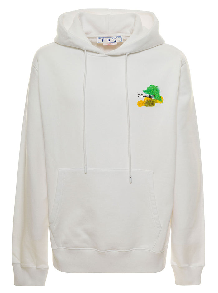 White Hoodie With Brush Arrow Motif At The Back Cotton Man Sweatshirts