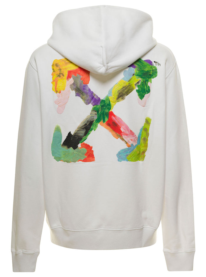 White Hoodie With Brush Arrow Motif At The Back Cotton Man Sweatshirts