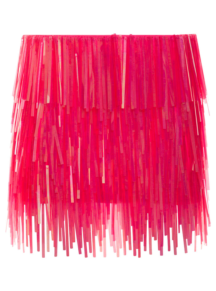 Fuchsia Mini Skirt With Vertical Paillettes Fringes Woman Fuxia Polyammide Elastan