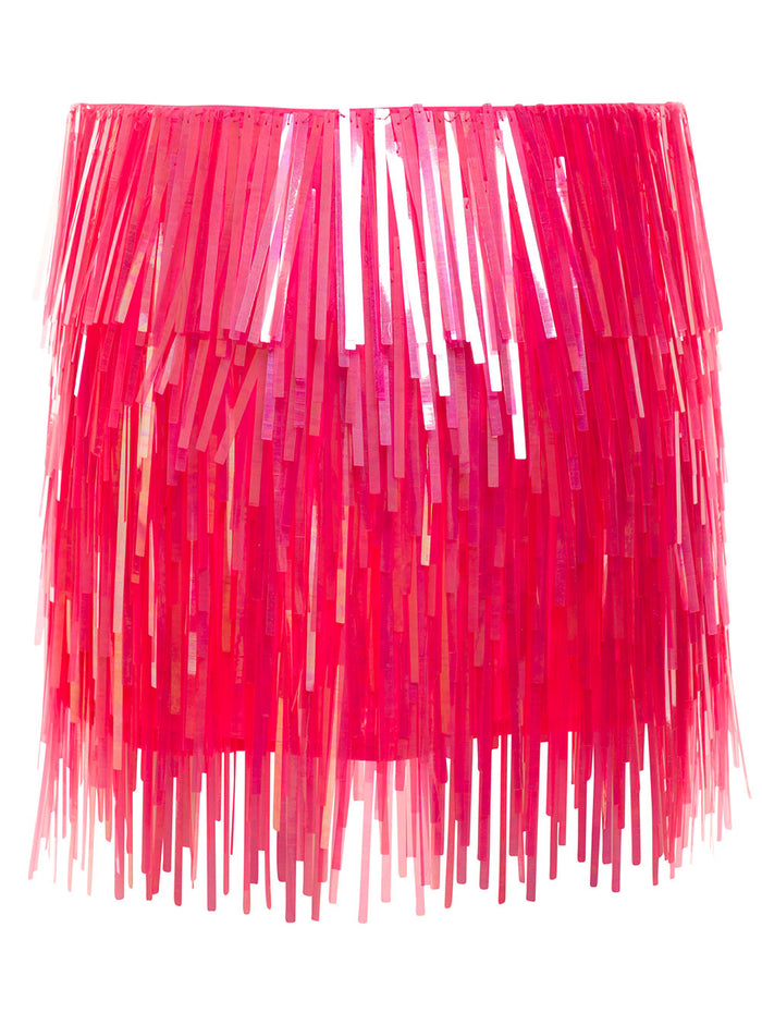 Fuchsia Mini Skirt With Vertical Paillettes Fringes Woman Fuxia Polyammide Elastan