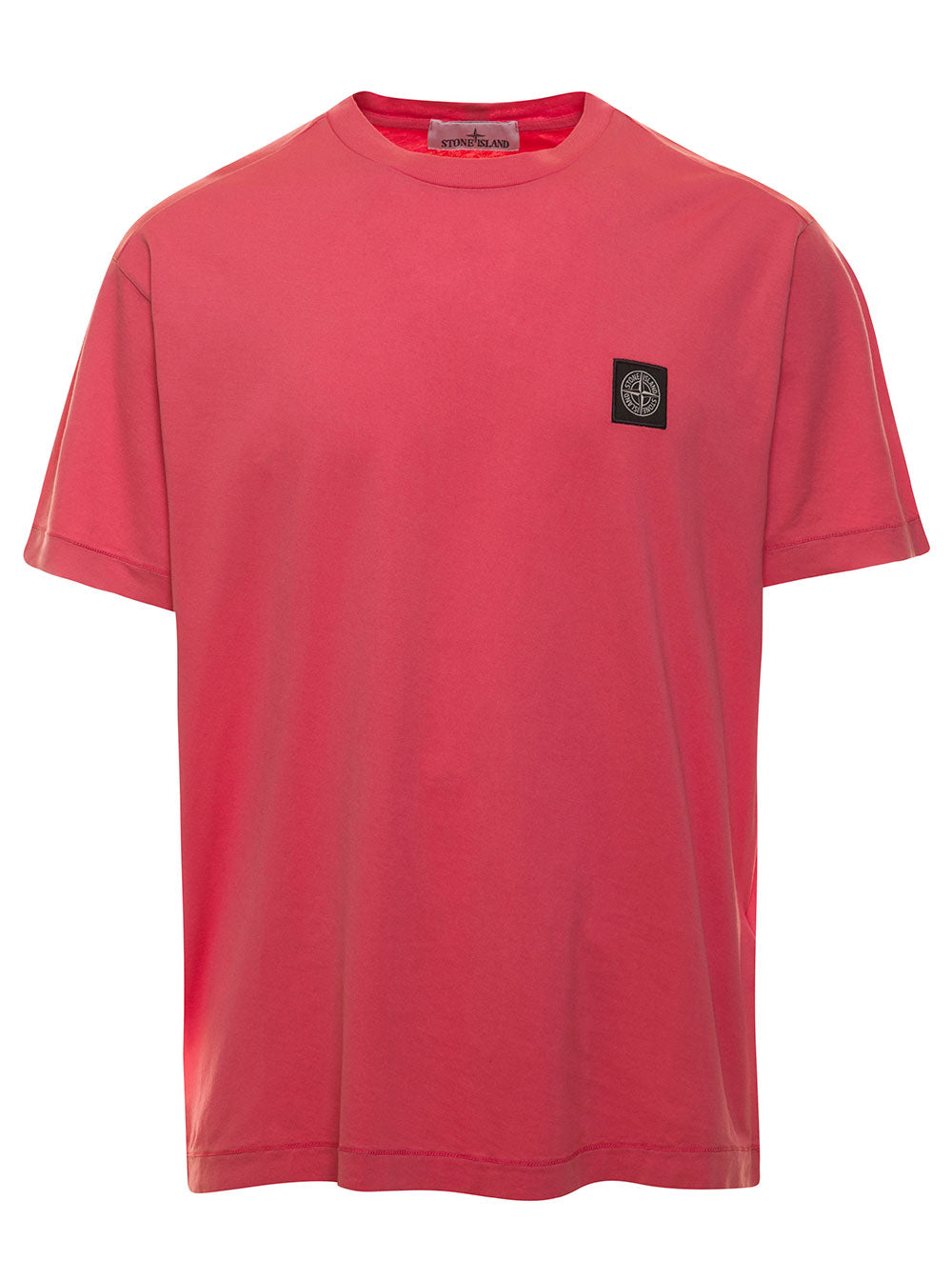 Fuchsia Crewneck T-Shirt With Patch Logo Cotton Man Fuxia Tshirts And Polo Shirts