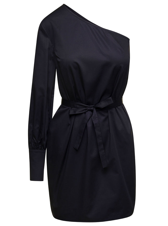 Mini Black One-Shoulder Dress With Waist Belt Cotton Woman