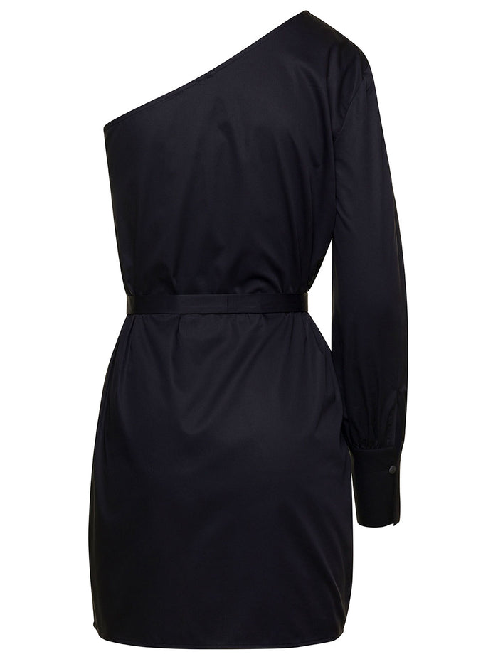 Mini Black One-Shoulder Dress With Waist Belt Cotton Woman