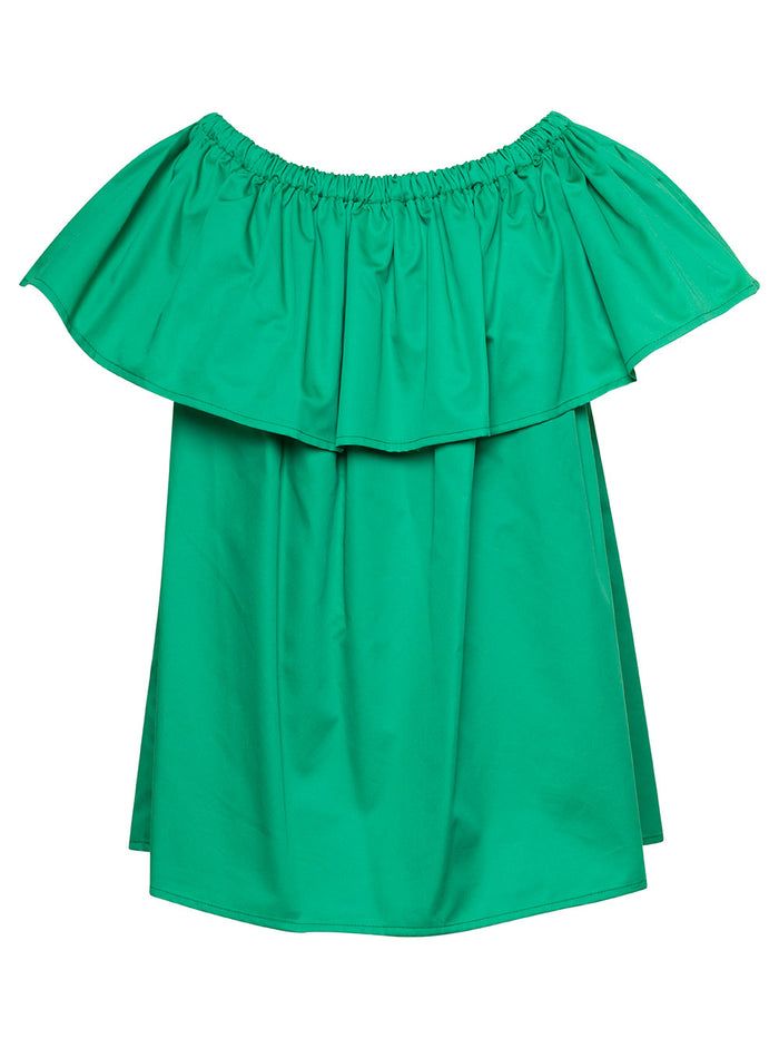 Emerald Green Ruffle Top With Boat Neckline Cotton Woman Tops