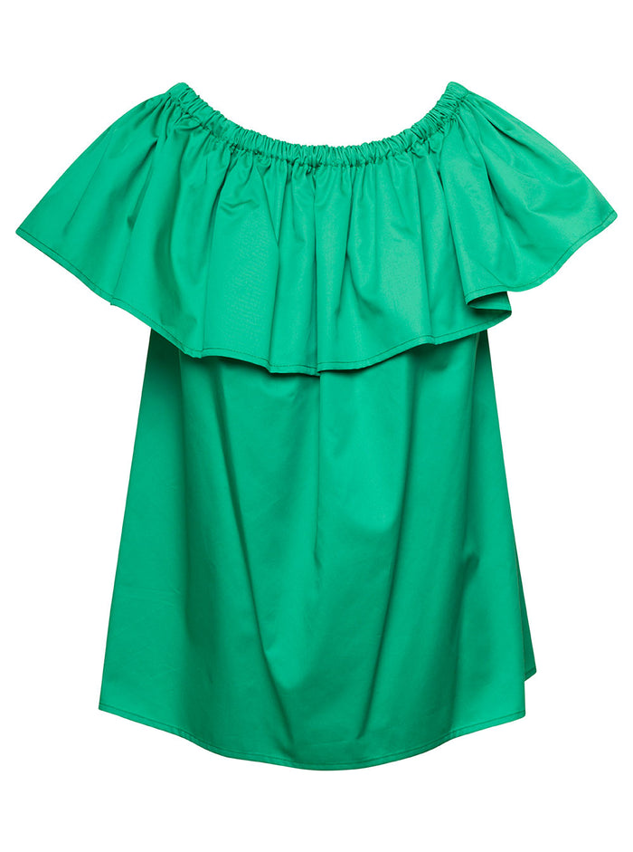 Emerald Green Ruffle Top With Boat Neckline Cotton Woman Tops