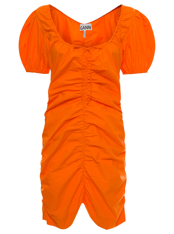Mini Gathered Orange Dress With Balloon Sleeves Cotton Woman Organic