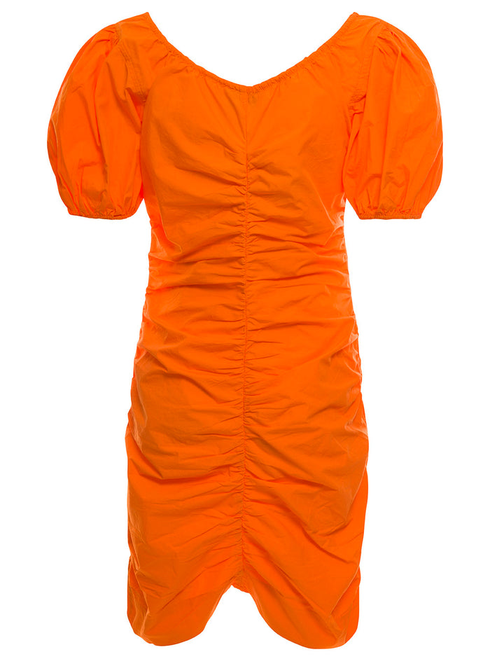Mini Gathered Orange Dress With Balloon Sleeves Cotton Woman Organic
