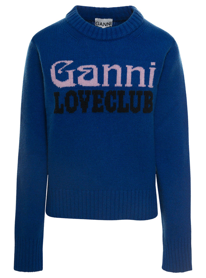 Ganni Love Club Blue Sweater With Intarsia Knit Logo Wool Blend Woman Blu Rec Polyester Jersey