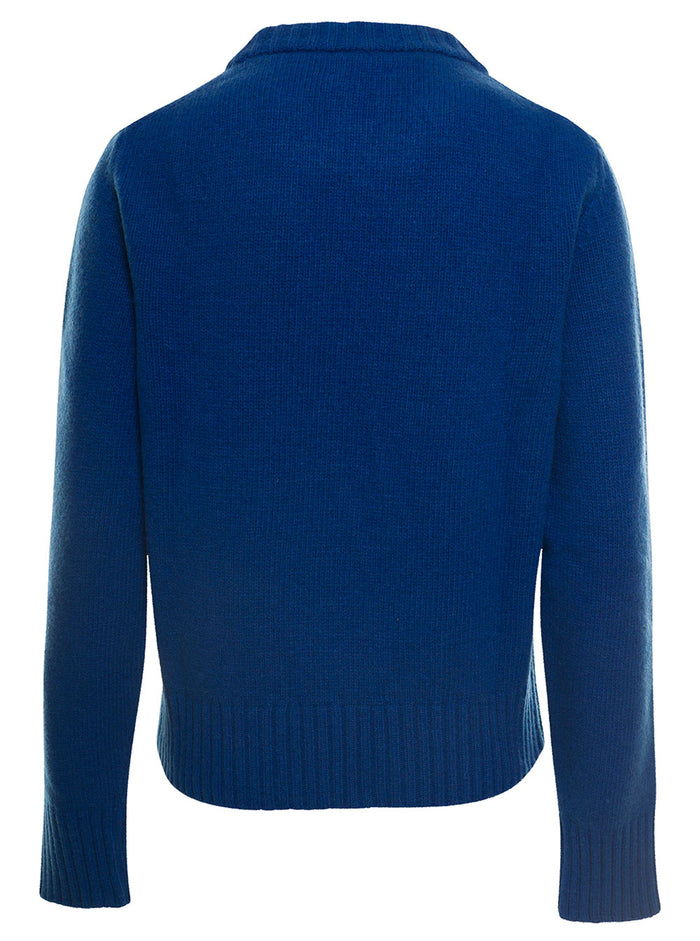 Ganni Love Club Blue Sweater With Intarsia Knit Logo Wool Blend Woman Blu Rec Polyester Jersey