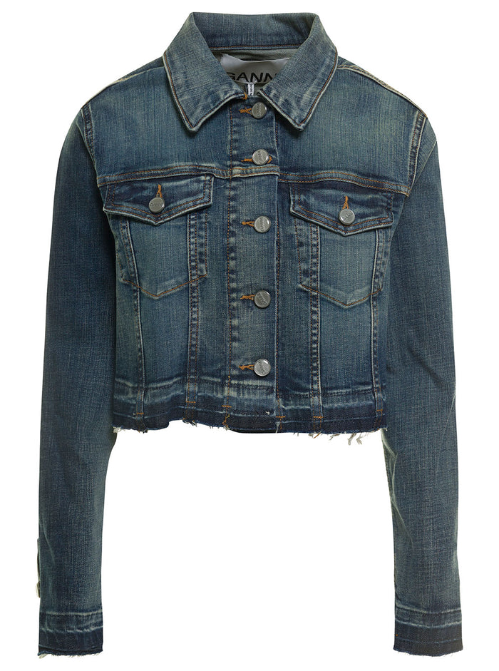 Blue Cropped Jacket With Branded Buttons And Logo Patch Stretch Cotton Denim Woman Blu Organic Elastane