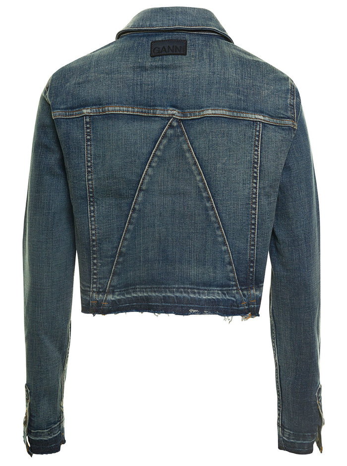 Blue Cropped Jacket With Branded Buttons And Logo Patch Stretch Cotton Denim Woman Blu Organic Elastane