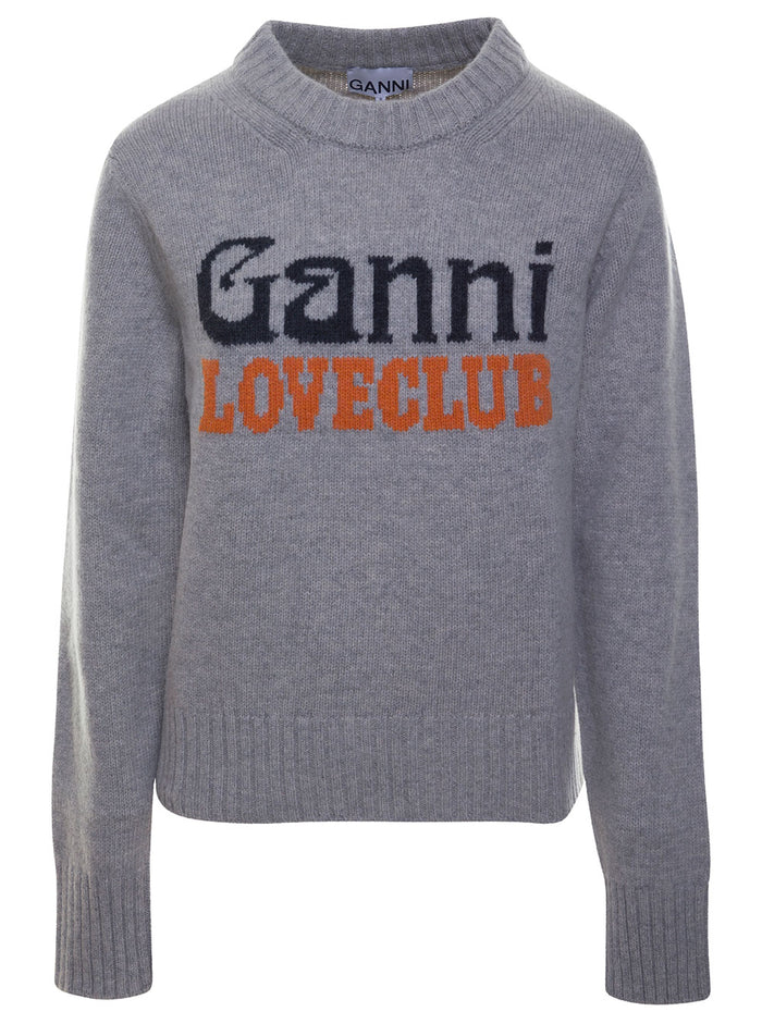 Ganni Love Club Grey Sweater With Intarsia Knit Logo Wool Blend Woman Rec Polyester Jersey