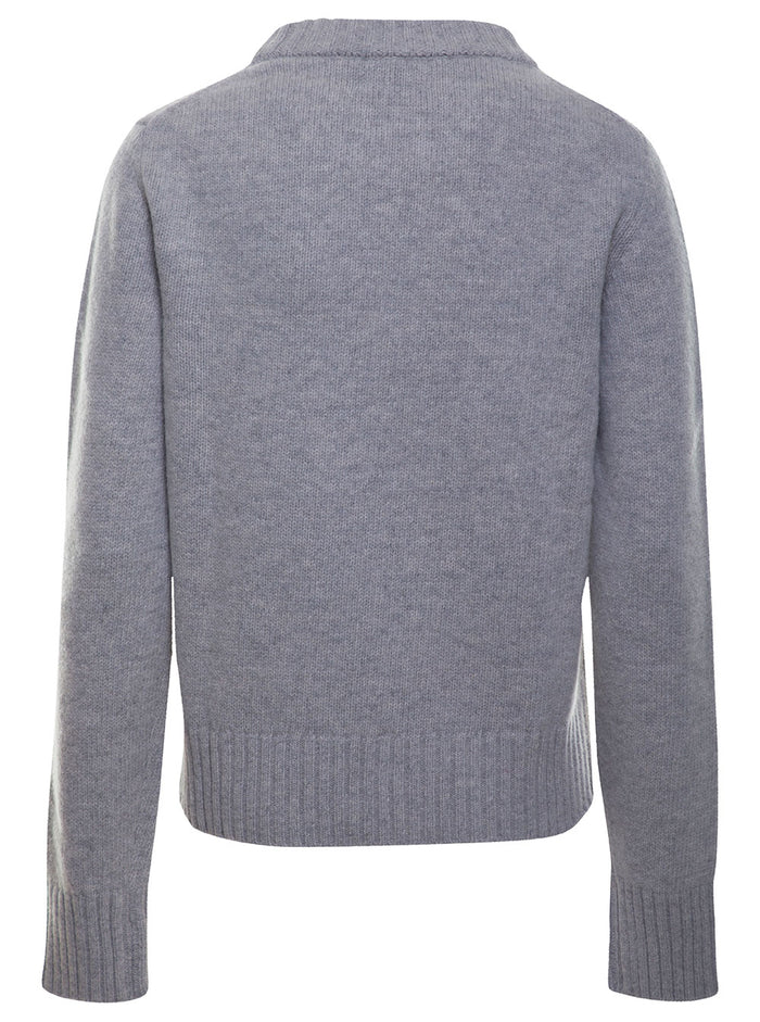 Ganni Love Club Grey Sweater With Intarsia Knit Logo Wool Blend Woman Rec Polyester Jersey