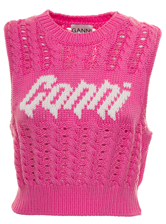 Pink Vest With Woven Logo Viscose Blend Woman Fuxia Polyamide Blazers