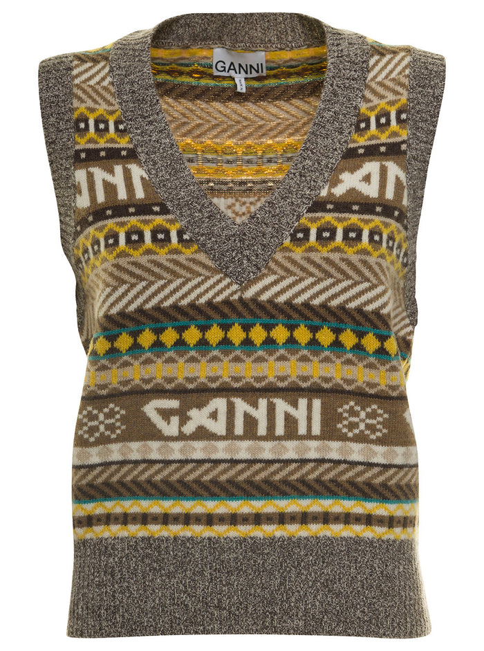 Grey Striped V Neck Vest With Logo Wool Blend Woman Blazers