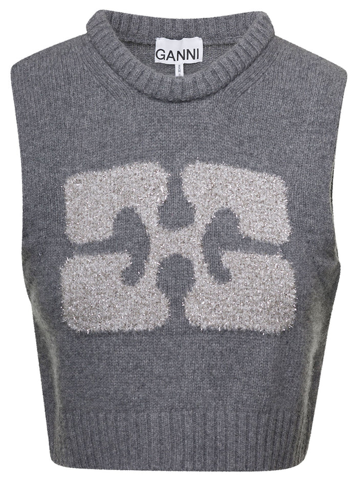 Grey Cropped Vest With Graphic Print Wool Blend Woman Jersey