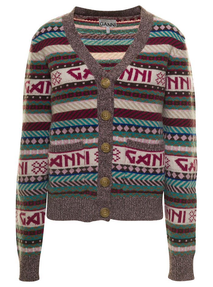 Multicolor Striped Cardigan With All-Over Logo Wool Blend Woman Jersey