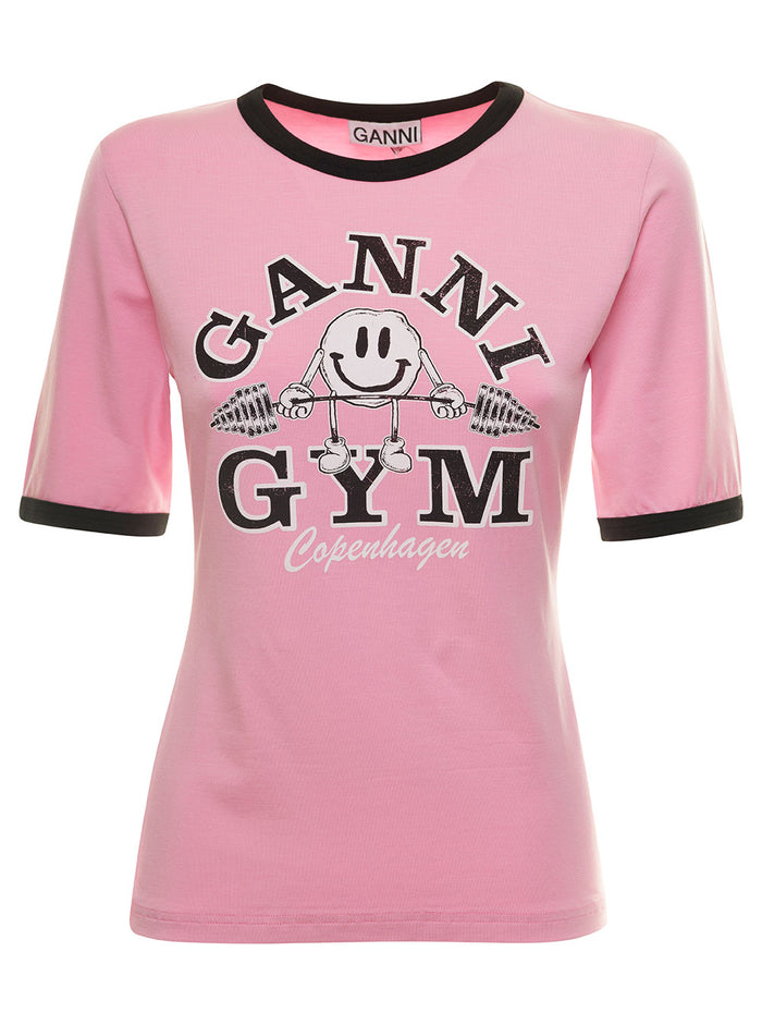 Pink Crewneck T-Shirt With Logo Print And Contrasting Trim Cotton Woman Tencel Lyocell Elastane Tshirts Polo Shirts