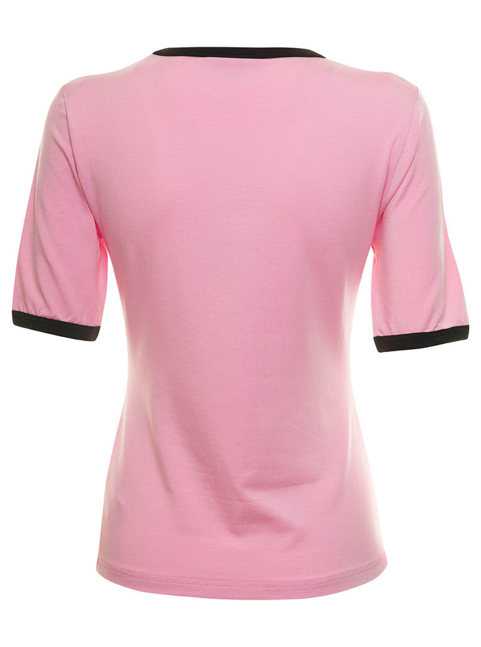 Pink Crewneck T-Shirt With Logo Print And Contrasting Trim Cotton Woman Tencel Lyocell Elastane Tshirts Polo Shirts