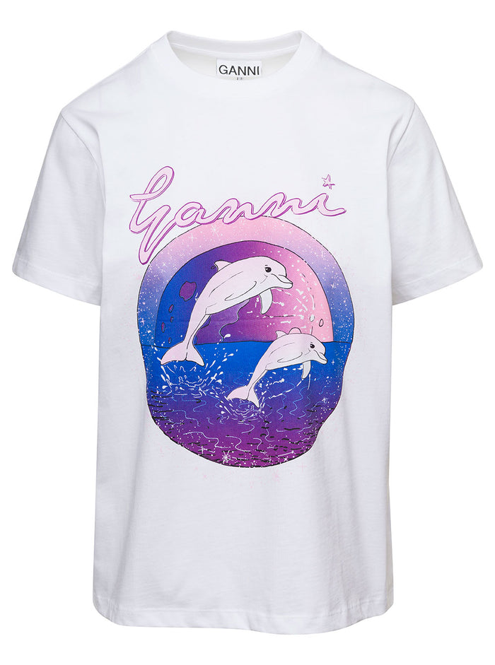 White Crewneck T-Shirt With Dolphin Print Cotton Woman Tshirts And Polo Shirts