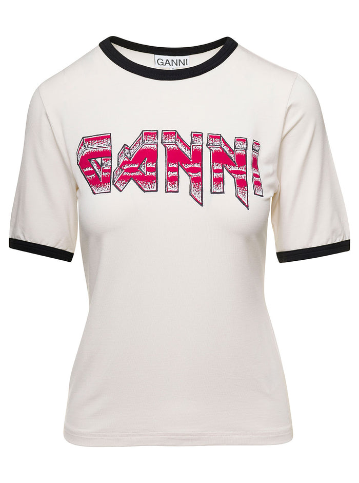 White Crewneck T-Shirt With Logo Print And Contrasting Trim Cotton Woman Tshirts Polo Shirts