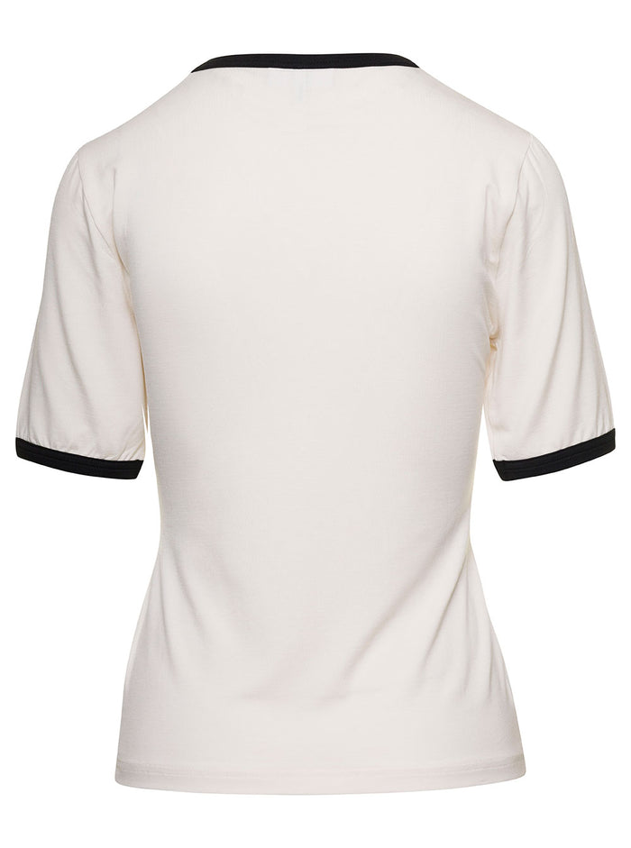 White Crewneck T-Shirt With Logo Print And Contrasting Trim Cotton Woman Tshirts Polo Shirts