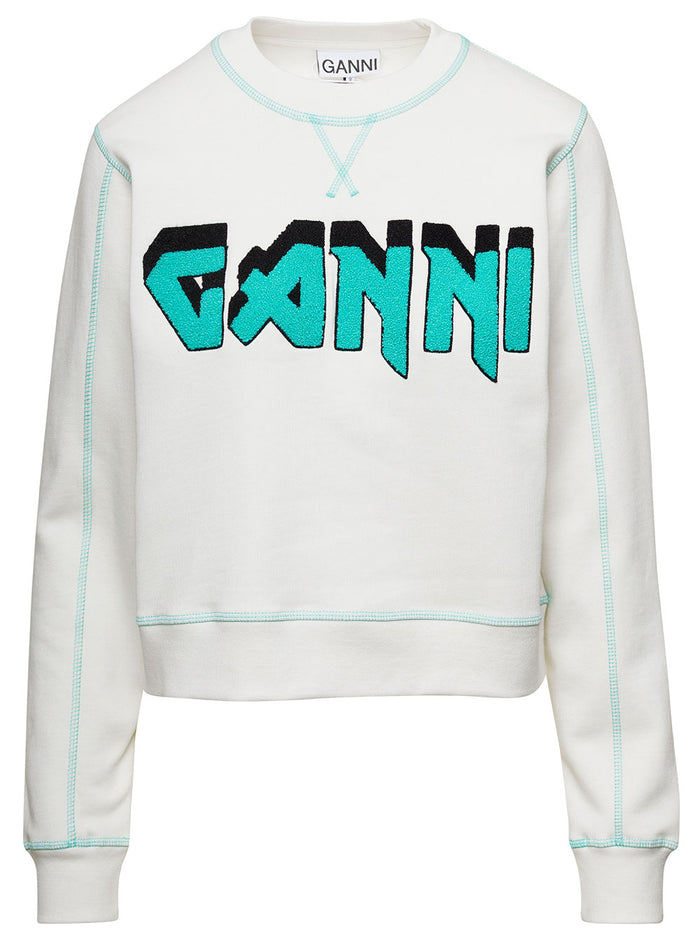 White Crewneck Sweater With Logo Print And Contrasting Stitching Cotton Woman Sweatshirts