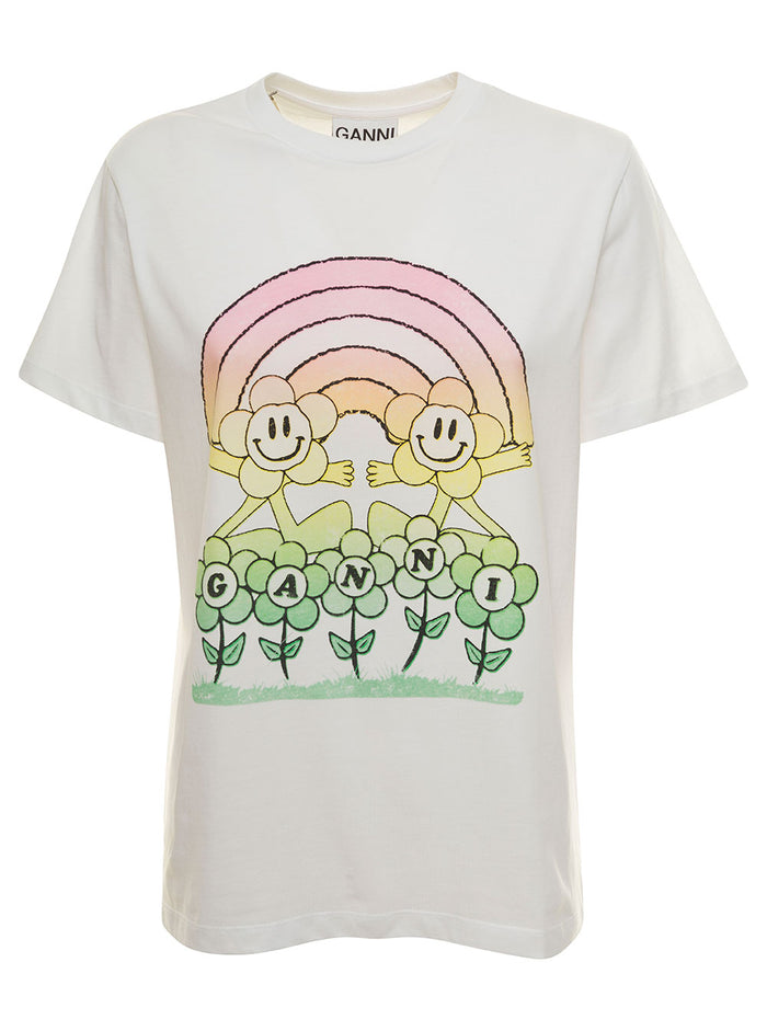 White Crewneck T-Shirt With Rainbow Print Cotton Woman Tshirts And Polo Shirts