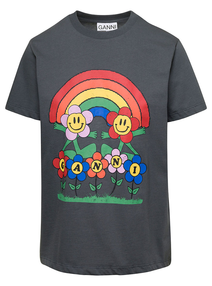 Grey T-Shirt With Rainbow Graphic Print Cotton Woman Black Organic Tshirts And Polo Shirts