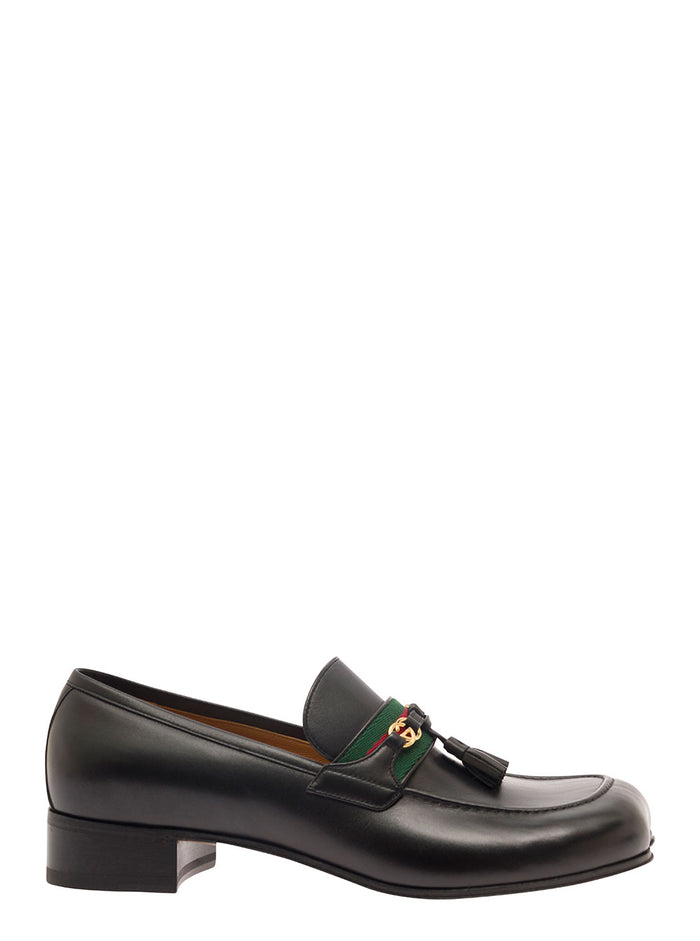 Black Loafers With Interlocking G And Tassels Smooth Leather Man