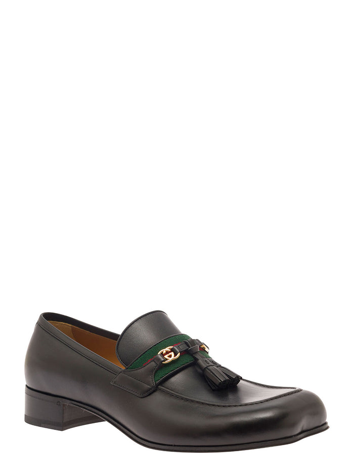 Black Loafers With Interlocking G And Tassels Smooth Leather Man