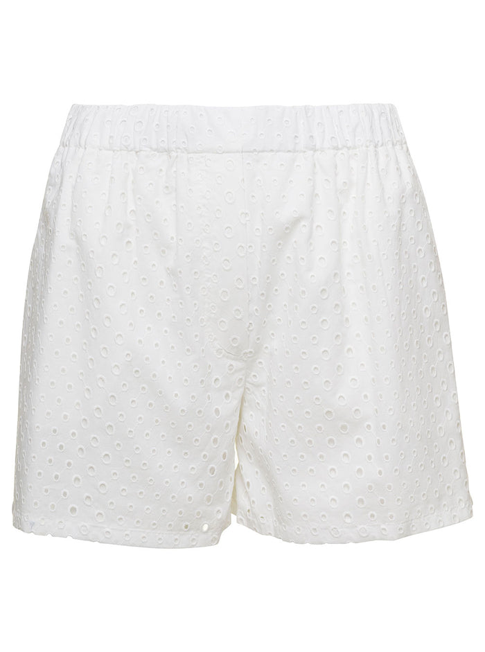 White Short With Elastic Waistband Broderie Anglaise Woman Cotton And Bermuda
