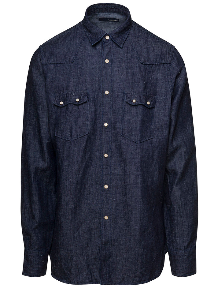 Blue Western Shirt With Snap Buttons Cotton And Linen Man Blu Blouses