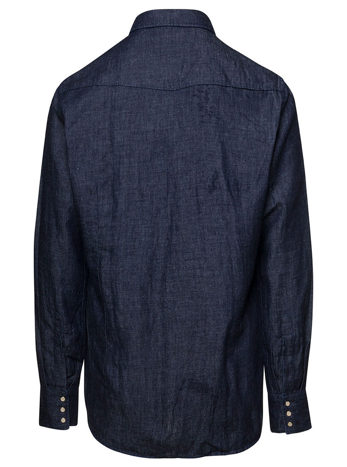 Blue Western Shirt With Snap Buttons Cotton And Linen Man Blu Blouses