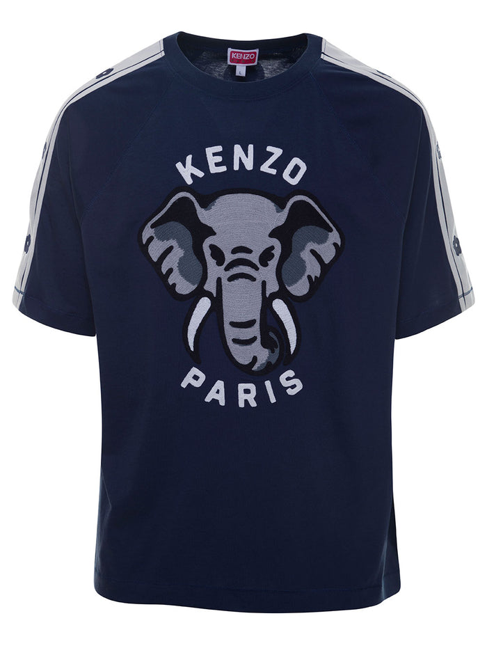 Blue Crewneck T-Shirt With Elephant And Logo Print Cotton Man Blu Tshirts Polo Shirts